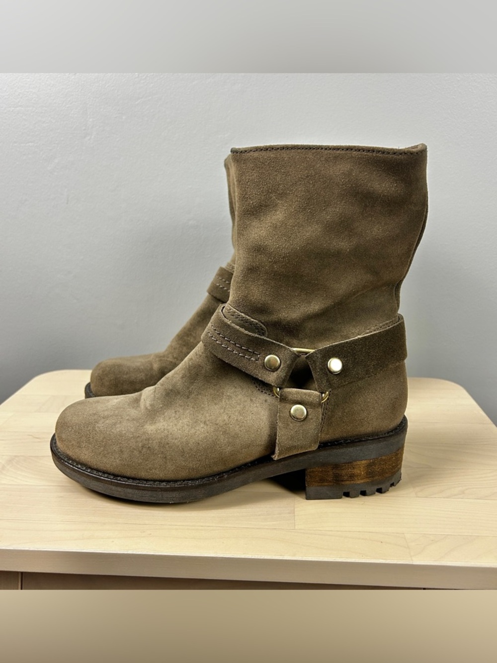 LA CANADIENNE Suede Moto Boots Brown 6.5 Fleece Lined Chunky Western Waterproof